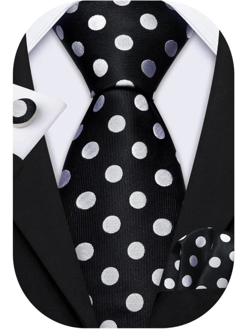 Silk Tie Set for Men - Polka Dot Necktie, Pocket Square & Cufflinks - Wedding